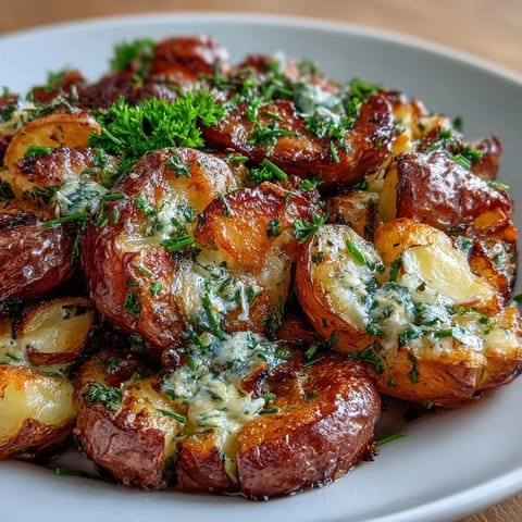 Zarte, zerdrückte Kartoffeln mit cremiger Knoblauch-Butter und knuspriger Oberfläche.  