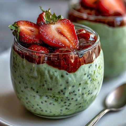 2. Erfrischende Erdbeer-Matcha-Übernacht-Haferflocken mit Chiasamen, perfekt für einen nahrhaften Start in den Tag.