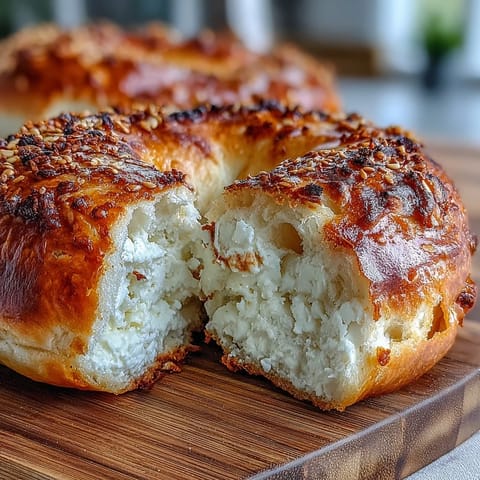 Fluffige, proteinreiche Bagels aus Hüttenkäse, goldbraun gebacken und mit Everything-Bagel-Gewürz bestreut.  