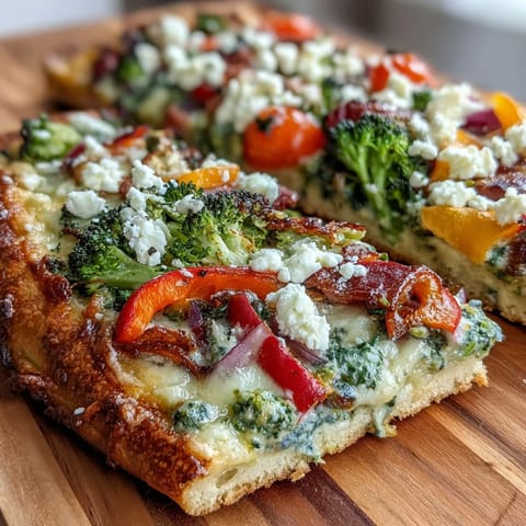 Bunter Gemüse-Flatbread-Pizza mit frischen Paprika und Broccoli in Regenbogenfarben.
