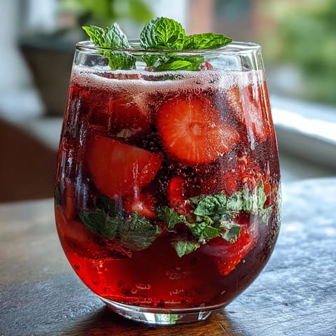 Ein erfrischender Spring-Cocktail-inspirierter Erdbeer-Minz-Mocktail-Pitcher mit leuchtenden Früchten und Minze.