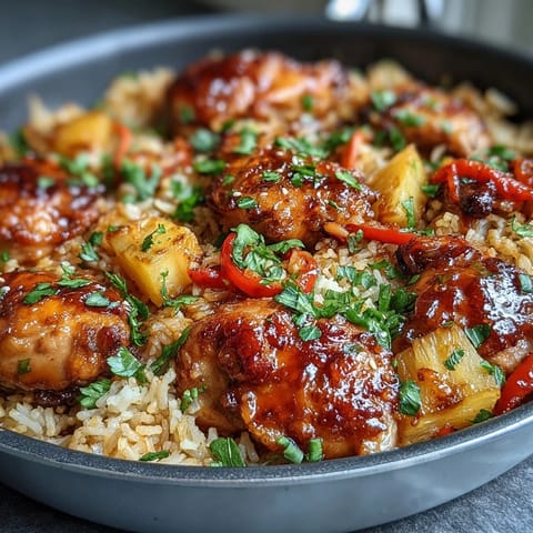 Bunter Ananas-Hähnchen-Reis-Pfanne mit Paprika, buntem Gemüse und saftiger Ananas in einer süß-herzhaften Soße.