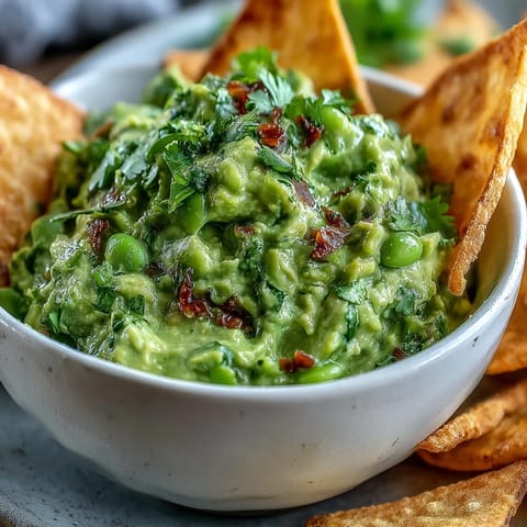 Ein farbenfroher Dip aus cremiger Avocado und zarter Edamame, serviert mit knusprig gebackenen Vollkorn-Pitas.