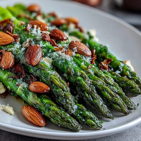 Zitronenbutter-Asparag mit Mandeln auf einem weißen Teller, mit goldenen Mandeln bestreut und einem Hauch Zitronenschale.