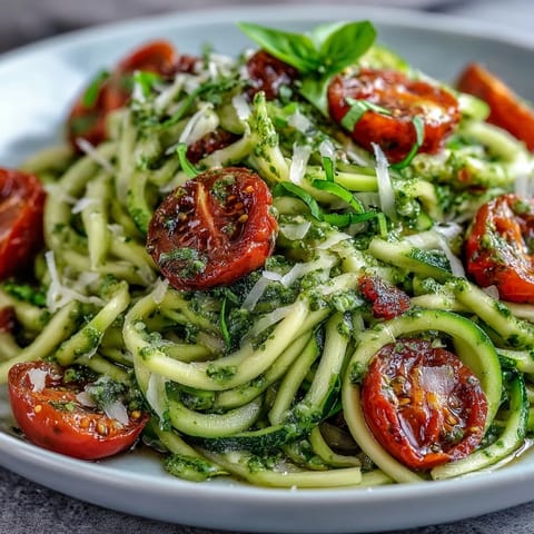 Zucchini-Nudeln mit Pesto und Kirschtomaten auf einem Teller, mit frischem Basilikum garniert und Parmesan bestreut.