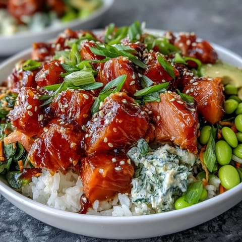Vibrantes Lachs Poke Bowl mit Edamame und Avocado, frisch und sättigend.