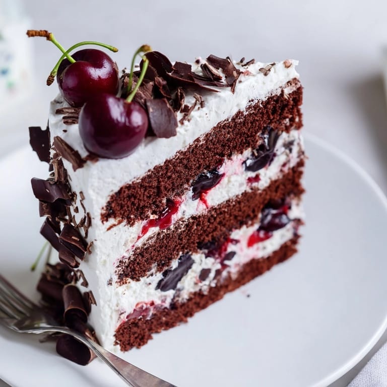 Saftige Schwarzwälder Kirschtorte mit frischen Kirschen und dunklen Schokoladenspänen, ein süßer Traum.