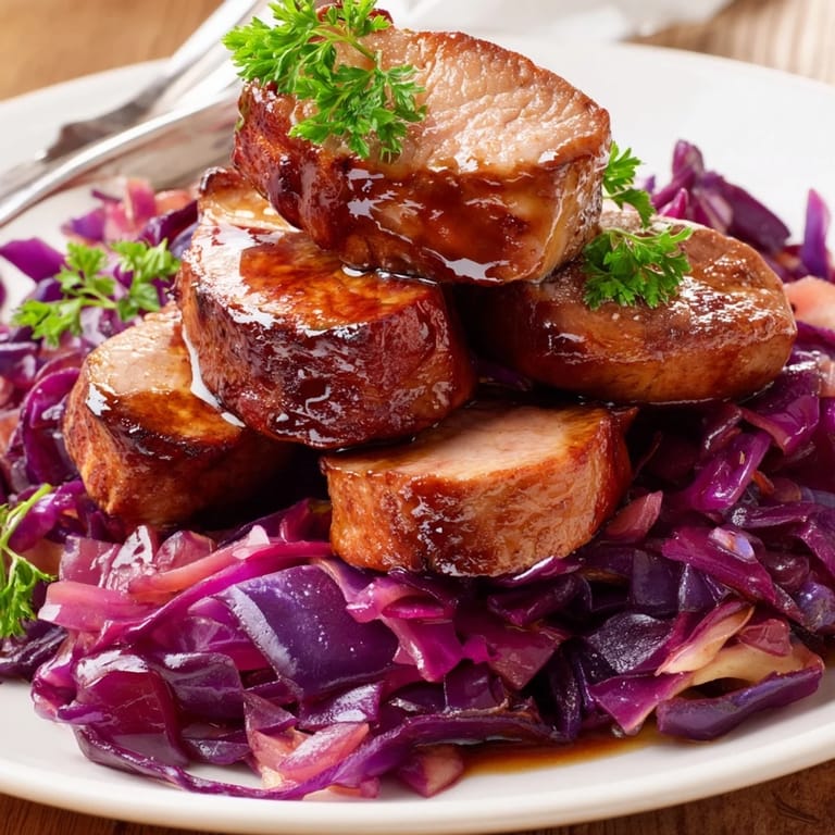 Knuspriges, honigglasiertes Schweinefleisch kombiniert mit süßem Rotkohl für ein festliches Mahl.