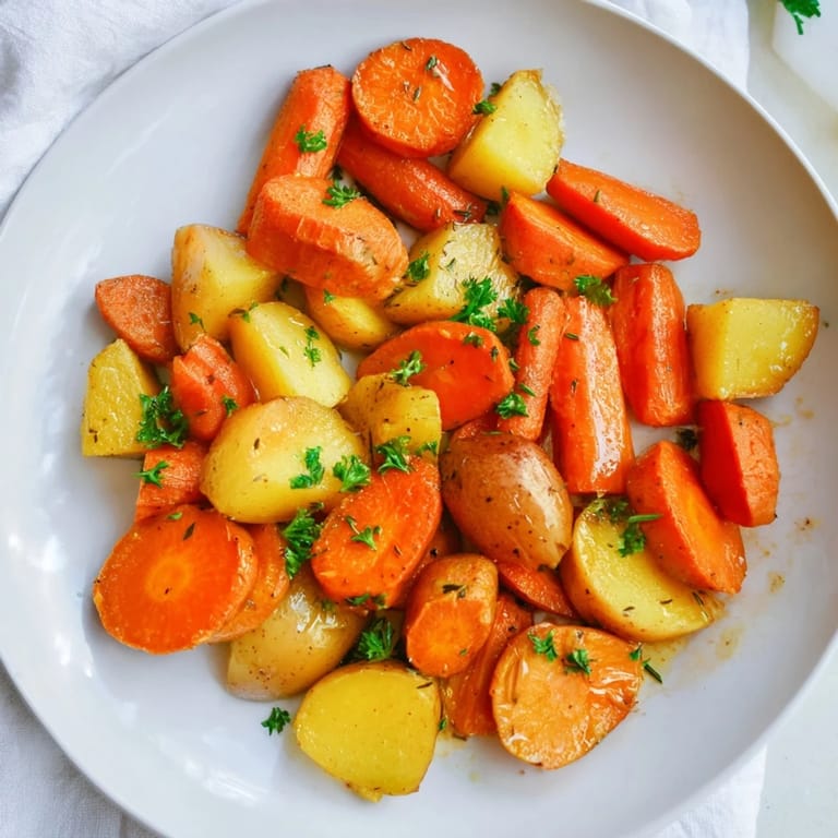 Eine Schüssel voll ansprechend gerösteter Honig-Glasierter Karotten und Kartoffeln.
