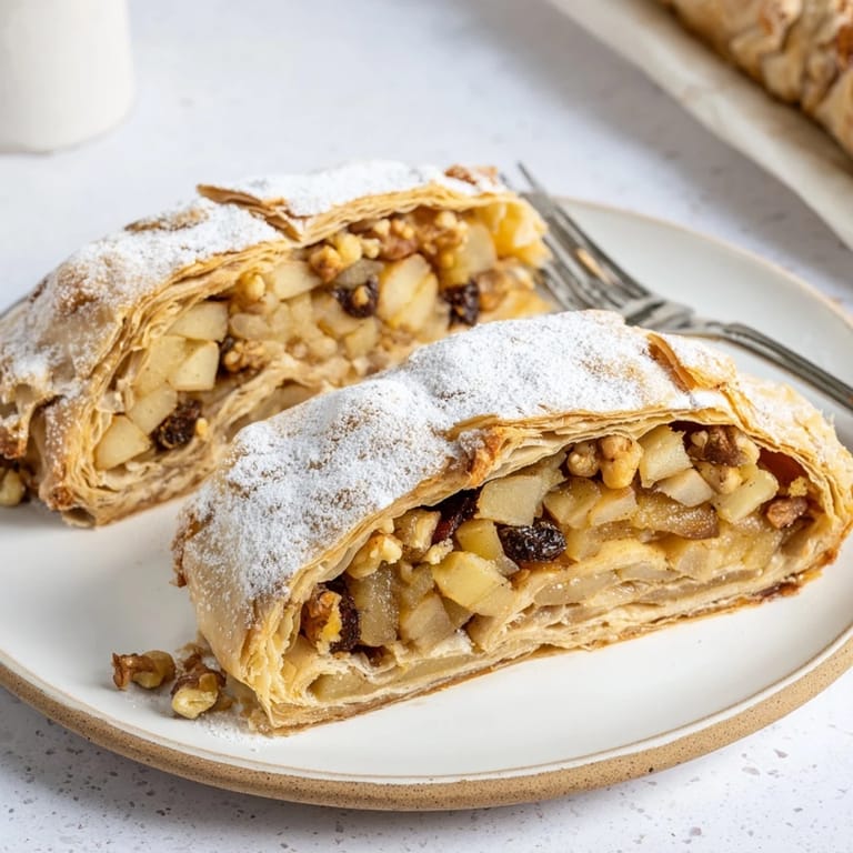 Herbstlicher Apfelstrudel, perfekt serviert mit einer Kelle Vanilleeis und Schlagsahne.