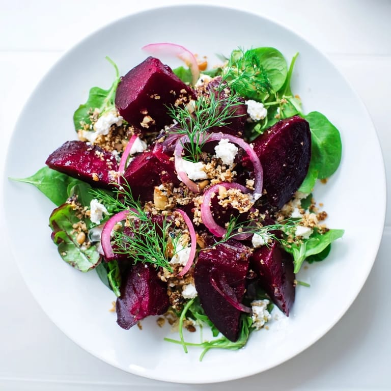 Close-up of a warm beet & caraway seed salad, highlighting the tender beets and crunchy rye.