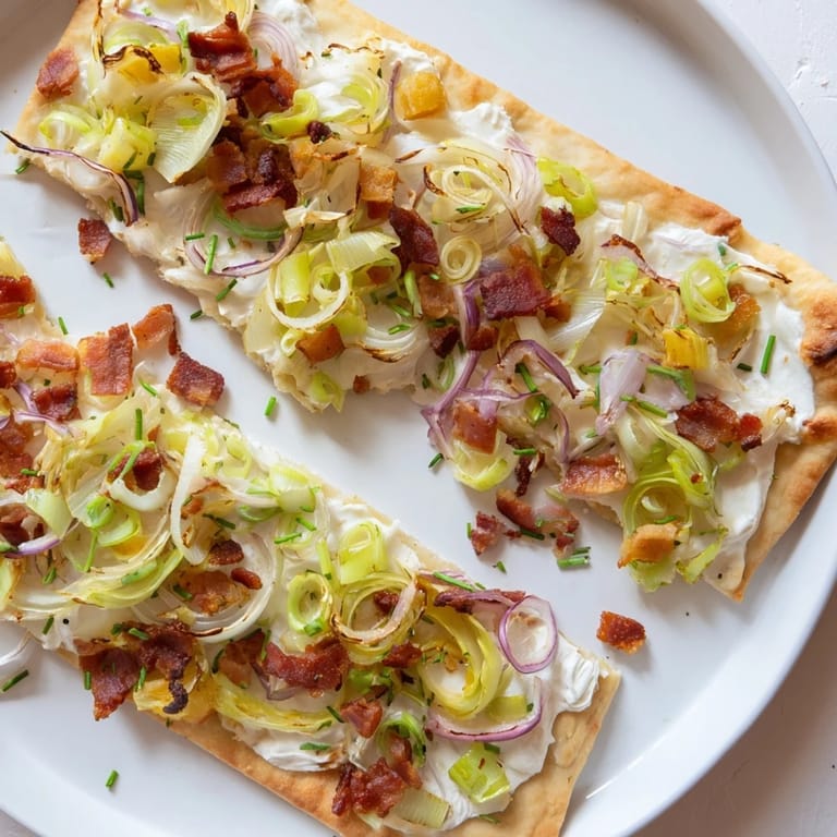 Savory Sheet-Pan Flammkuchen flatbread featuring creamy crème fraîche and crispy bacon.