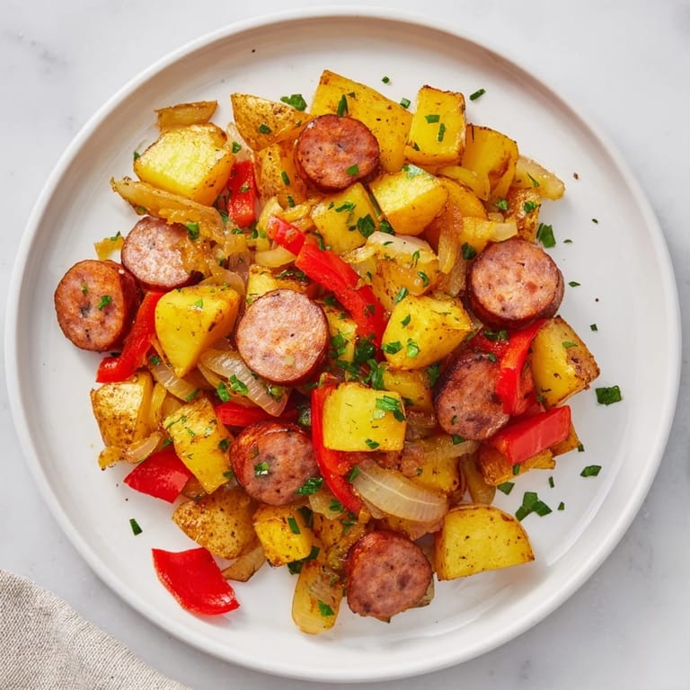 Savory Breakfast Bratwurst Hash with crisp potatoes, onions, and flavorful herbs for brunch.