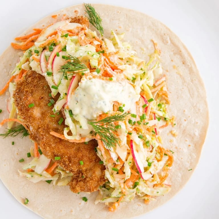 Close-up of crispy pork schnitzel tacos, revealing the creamy sauce and fresh slaw filling.