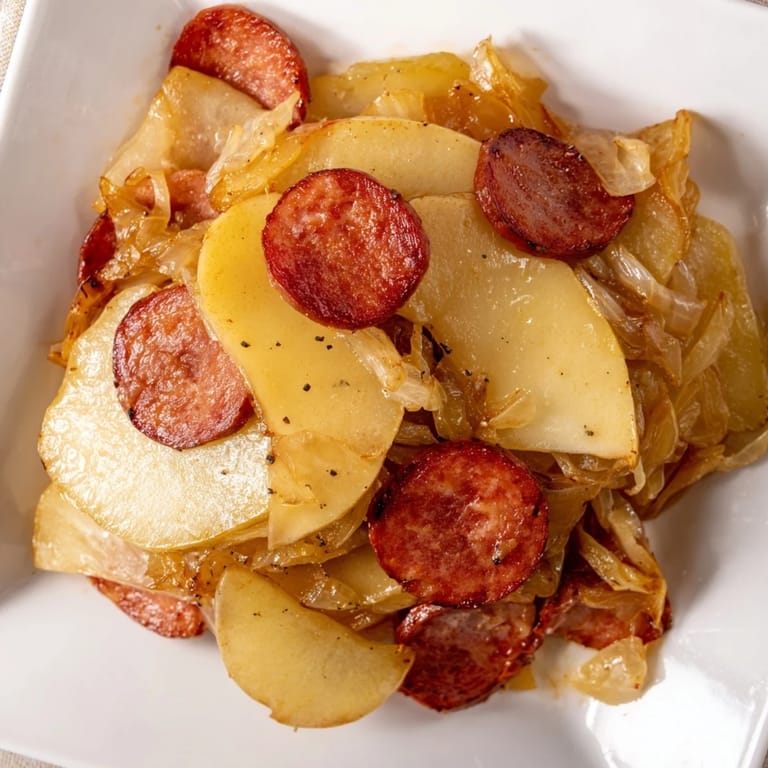 Warm Sauerkraut Casserole with layers of savory sausage, tender potatoes, and sweet apple glaze, ready to serve.