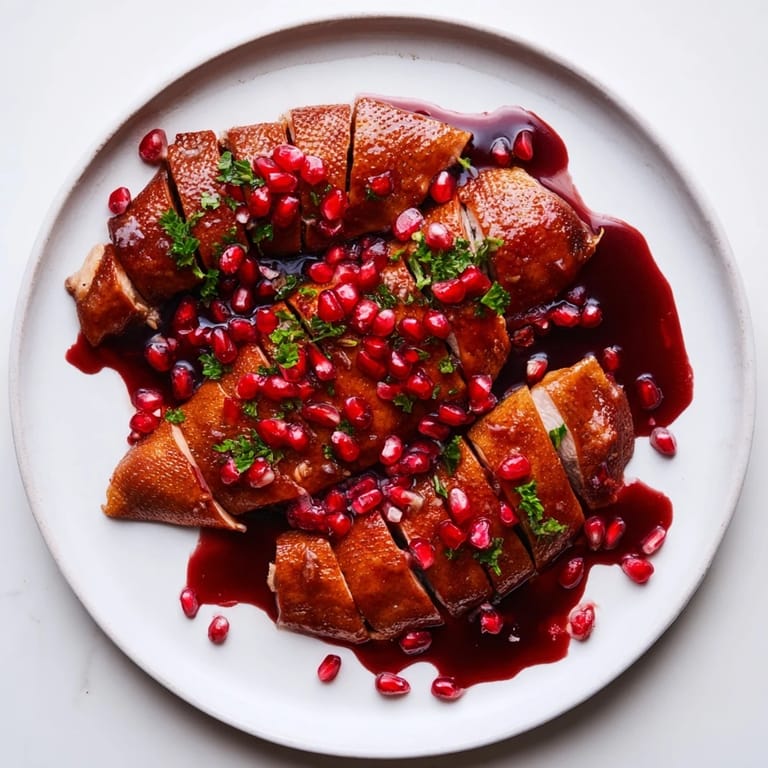 Succulent roasted duck breast, sliced and served with a vibrant pomegranate sauce, ready to enjoy.