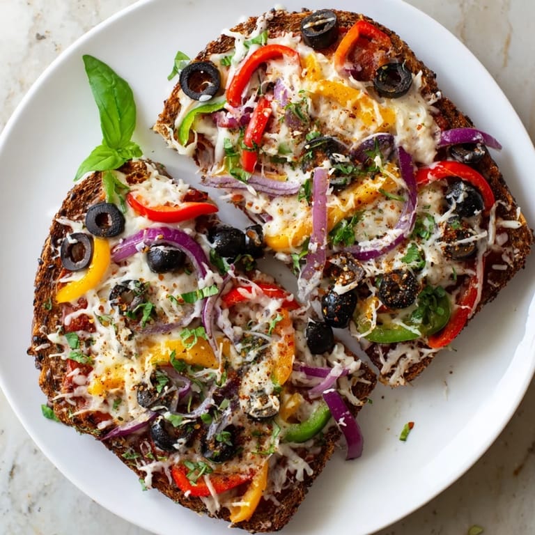 Crispy, cheesy marble rye pizza toast loaded with olives, peppers, and onions, a perfect snack.