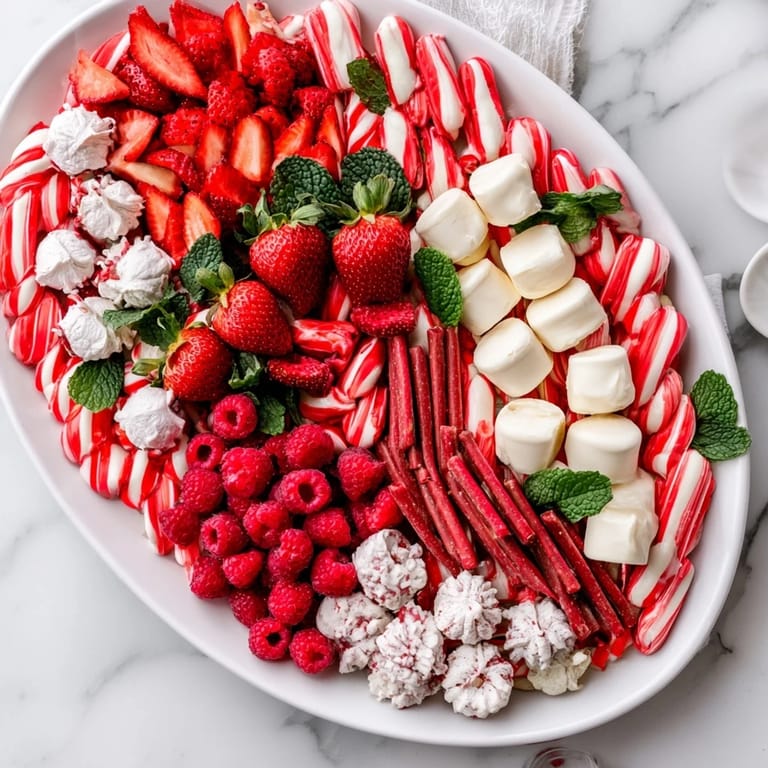 This close-up showcases a beautifully arranged Candy Cane Striped Platter, ideal for a Christmas dessert spread.