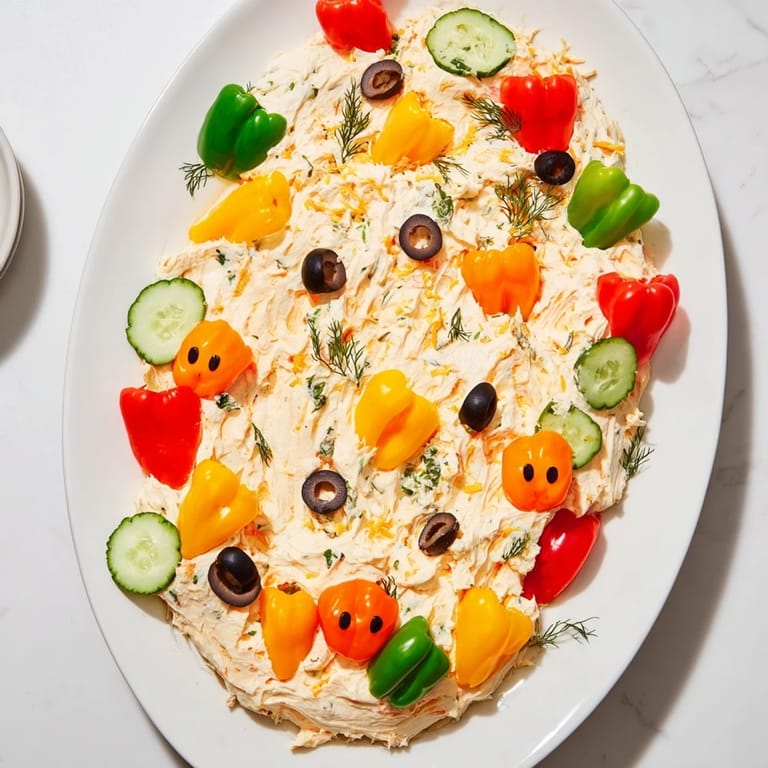 Creamy cheese Christmas Lights Appetizer Spread adorned with vibrant vegetable "lights" and fresh herbs.