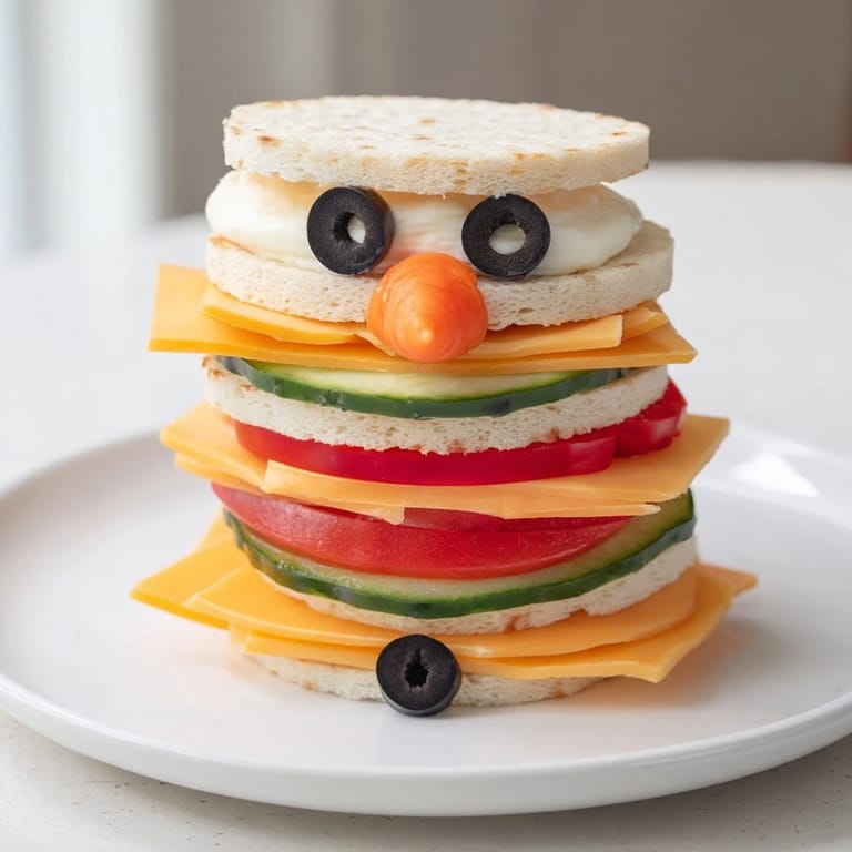 This snowman sandwich stack features a happy, colorful design, filled with fresh vegetables for kids.