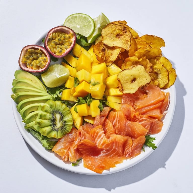 A beautiful Tropical Wave Tasting Platter, showcasing fresh mango, pineapple, and crunchy coconut flakes.