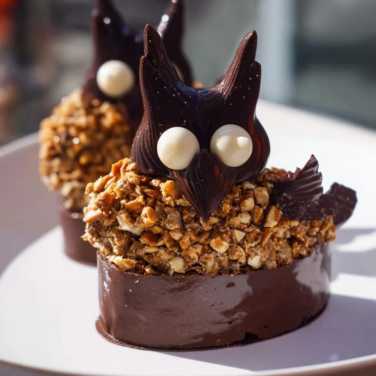 A close-up of a finished Plaisirs Sucrés Hibou de la Nuit entremets with owl decorations and glaze.