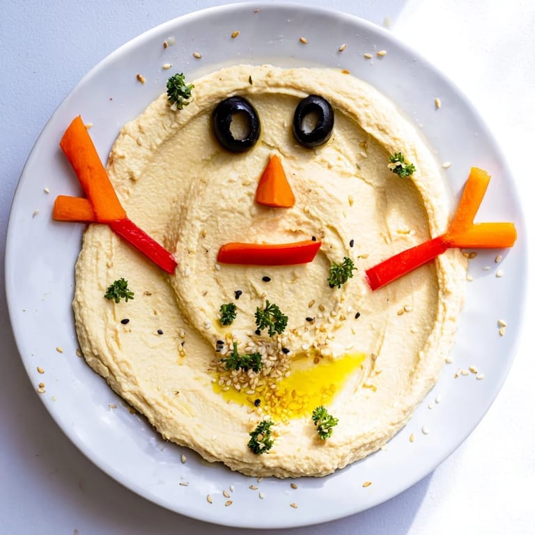 Delicious Melted Snowman Hummus Platter, a vegetarian dip perfect for winter gatherings.