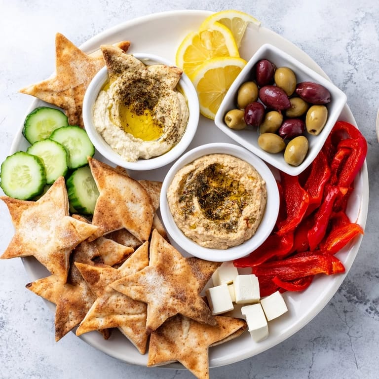 A visually appealing Three Kings Star Pita Board, perfect for sharing, with fresh veggies and creamy feta.