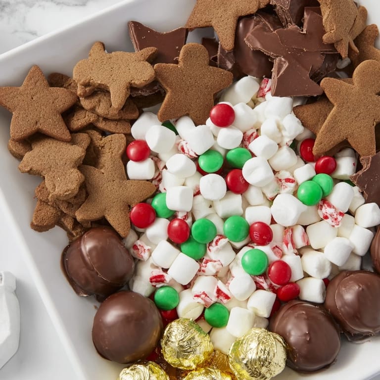 This colorful Santas Sack Candy Avalanche features chocolate candies, cookies, and other treats, perfect for sharing.