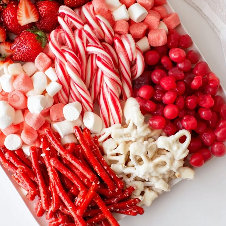 A close-up of a sweet board: red and white candy stripe treats with fresh strawberries and tasty candy.