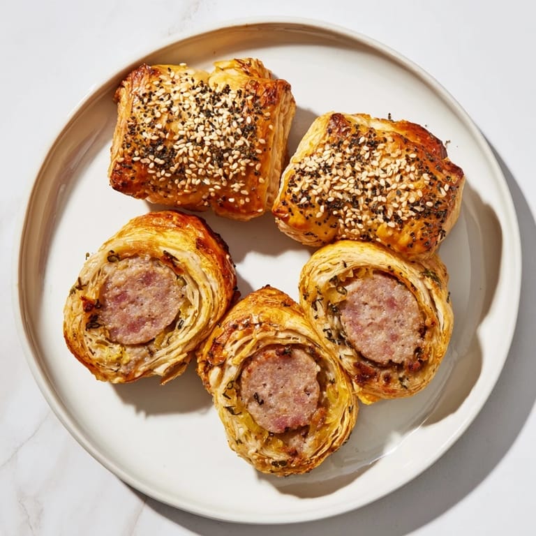 Flaky pastry surrounds delicious herbed sausage in this easy mini sausage roll wreath.