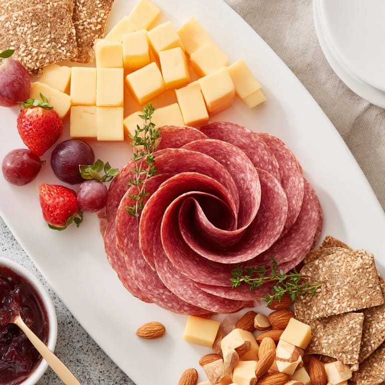 A single-serving Easy Charcuterie board with a salami rose and assorted gourmet snacks laid out.