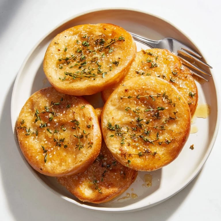 Freshly baked Simple Bread baguette slices, perfect appetizers, lightly brushed with olive oil and herbs.