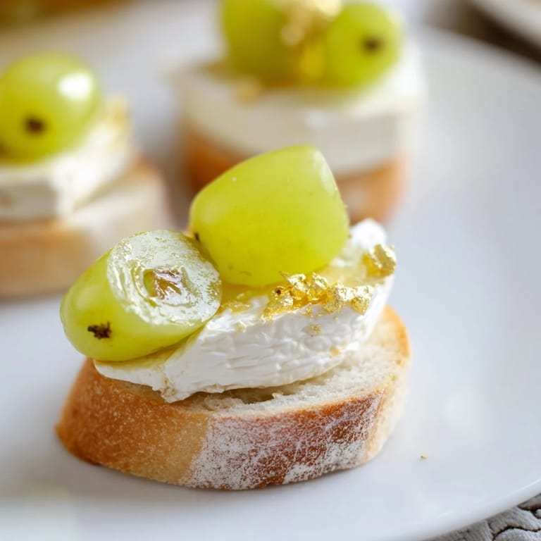 Close-up of sparkling champagne toast, showing bubbly grapes on creamy cheese, ready to serve.