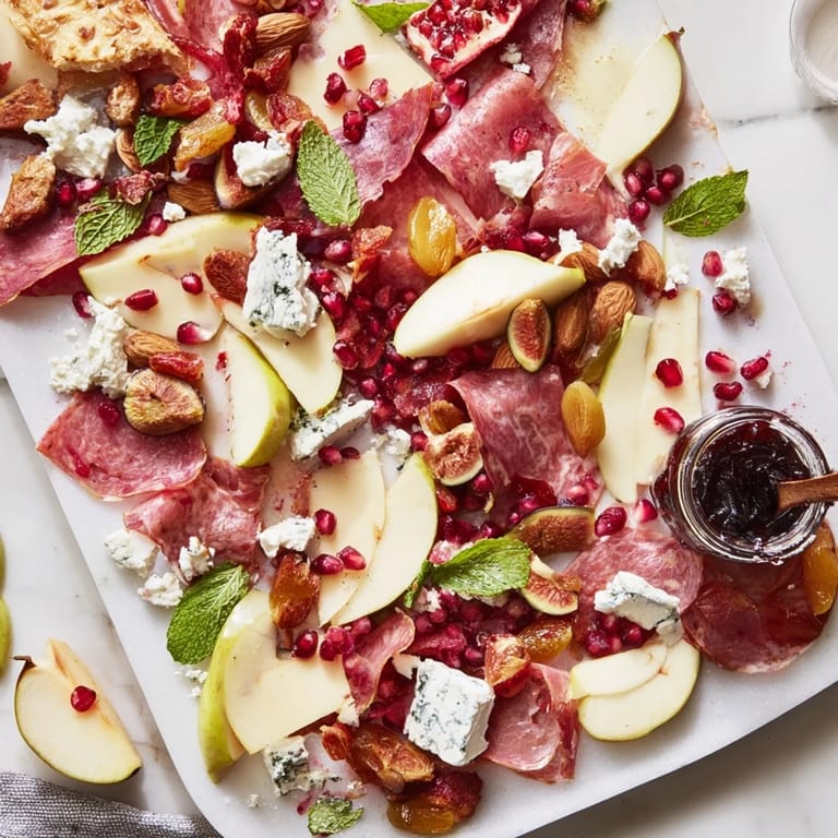 A Mediterranean Pomegranate Jewel Cascade, beautifully arranged with cheeses, cured meats, and fresh elements.