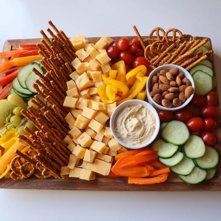 This colorful Urban Grid, a party-ready snack, showcases cheese cubes, olives, and an inviting dip selection.
