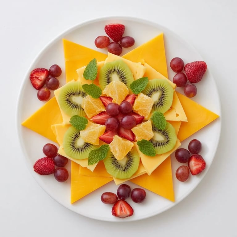 The Kaleidoscope Circle recipe: A beautiful platter of colorful fruit and cheese wedges ready to serve.