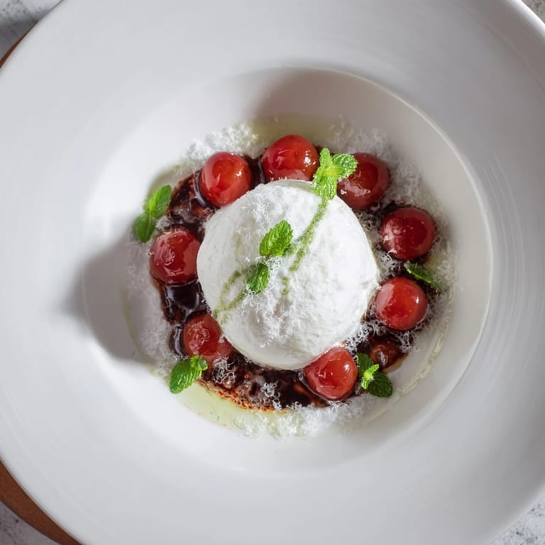 Vibrant photo shows The Moonlit Lagoon salad: blueberries, grapes, burrata, basil, and balsamic glaze.