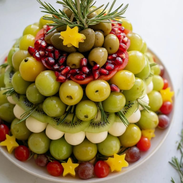 This Christmas Tree Triangle Board appetizer sparkles with mozzarella, tomatoes, and pomegranate seeds for a holiday gathering.