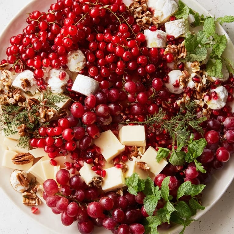 A delicious view: this Holly Berry Cluster appetizer shows red currants and goat cheese, ready to serve!
