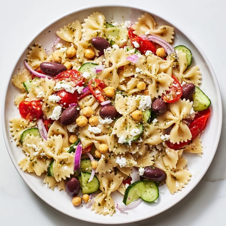 Cool pasta tossed with chickpeas and a bright dressing makes this a delicious Mediterranean pasta salad.