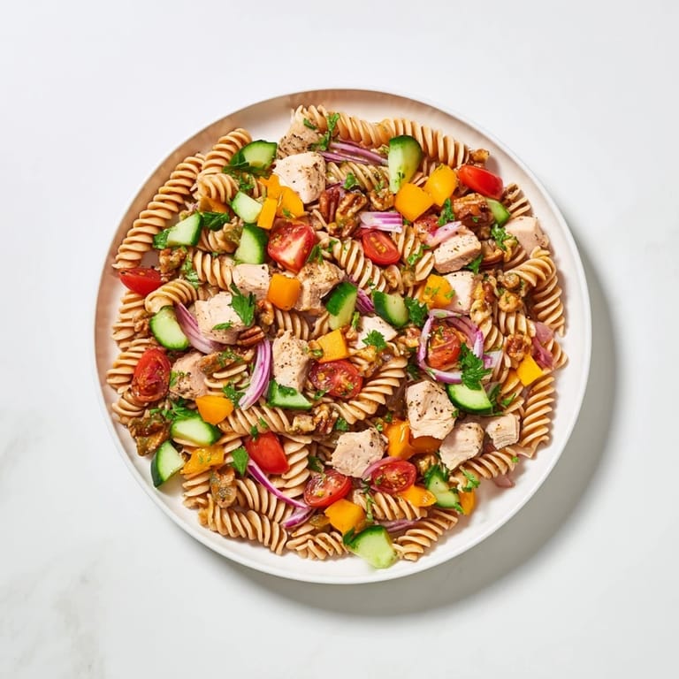 Pasta Salad with Cranberry Vinaigrette: a colorful bowl with rotini, chicken, and a zesty, homemade dressing.