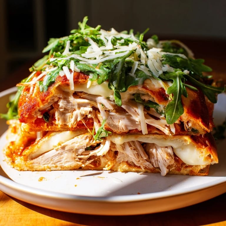 A delicious close-up of a loaded leftover pizza chicken sandwich, ready to savor and enjoy.