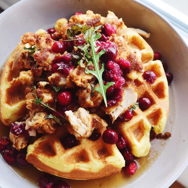A close-up of a delicious stuffing waffle chicken slider with cranberry mayo and fresh arugula.