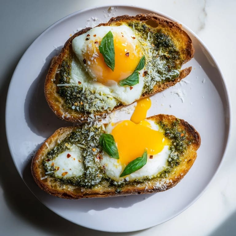 Golden Pesto Egg Toast with optional Parmesan, a delicious vegetarian breakfast served warm.
