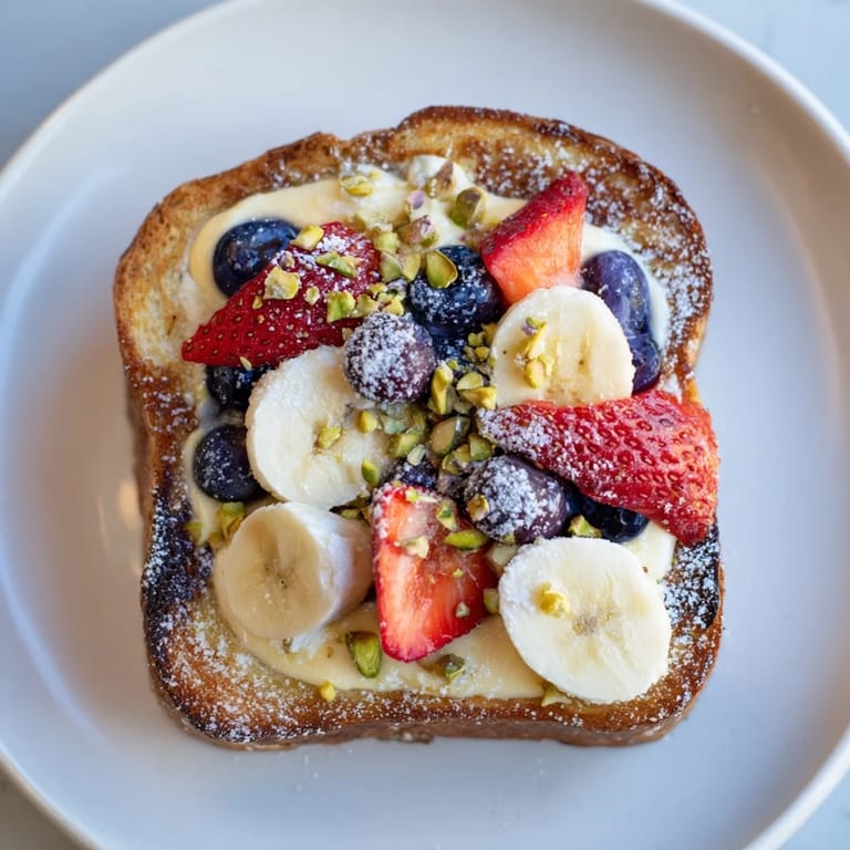 Golden-brown viral yogurt toast with fresh berries, perfect for a quick and easy breakfast idea.