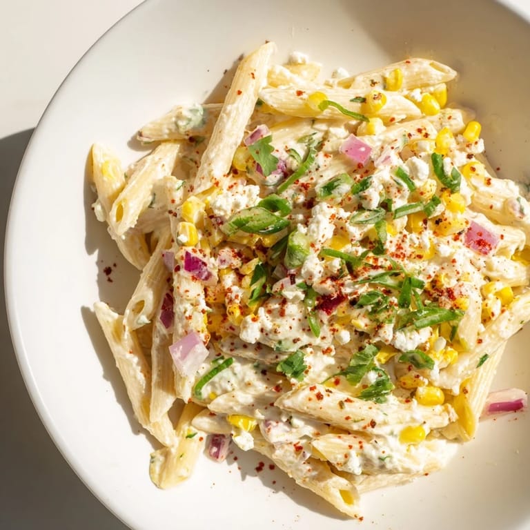 A bowl of delicious Mexican Street Corn Pasta, featuring charred corn and crumbled cotija cheese.