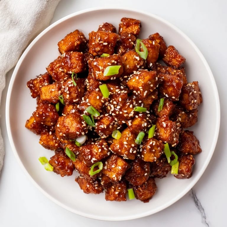 Golden, bite-sized pieces of Honey Gochujang Tofu, sprinkled with sesame seeds, is ready.