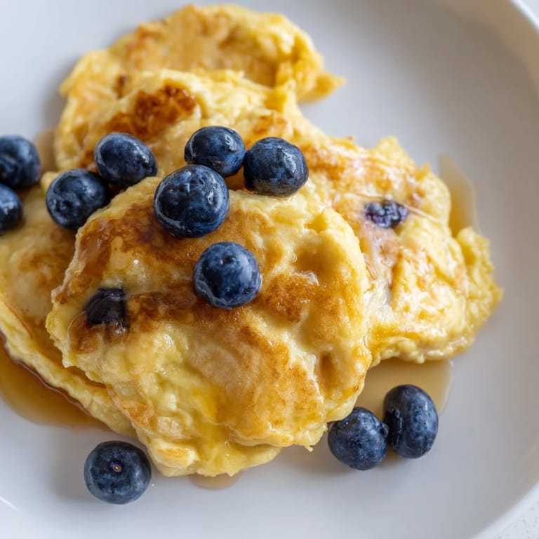 Warm, soft fluffy scrambled pancakes with blueberries, ready to be drizzled with maple syrup.