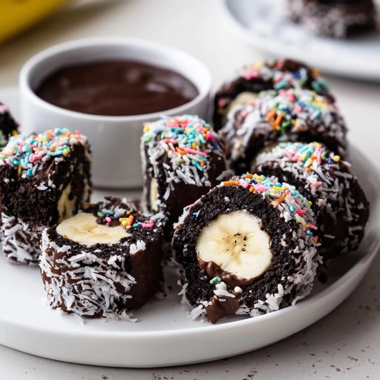 Close-up of Oreo Cookie Sushi Rolls, ready to dip in creamy chocolate "soy" sauce.